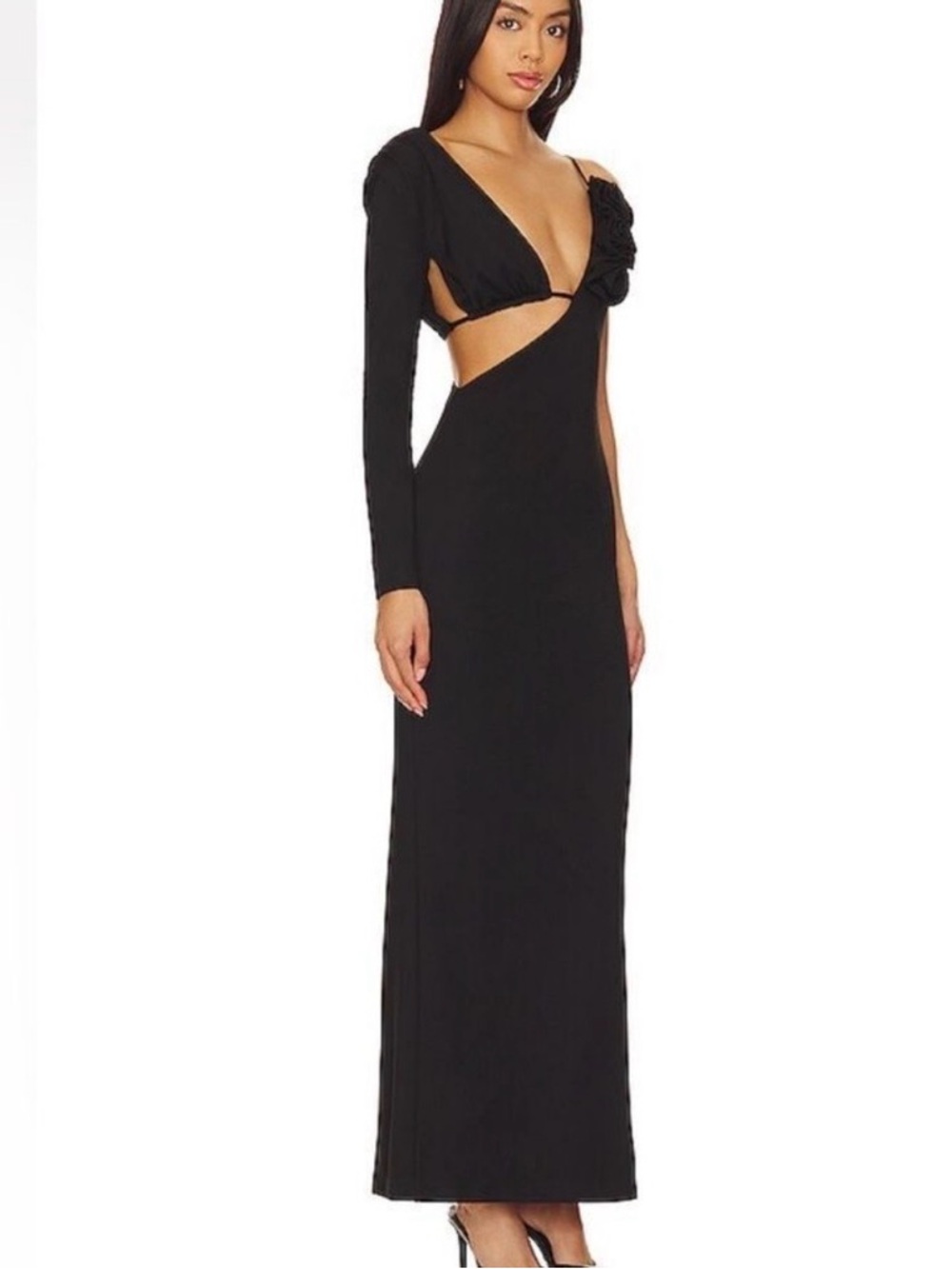 New Camila Coelho Waleska Max Dress Black Roses One Sleeve